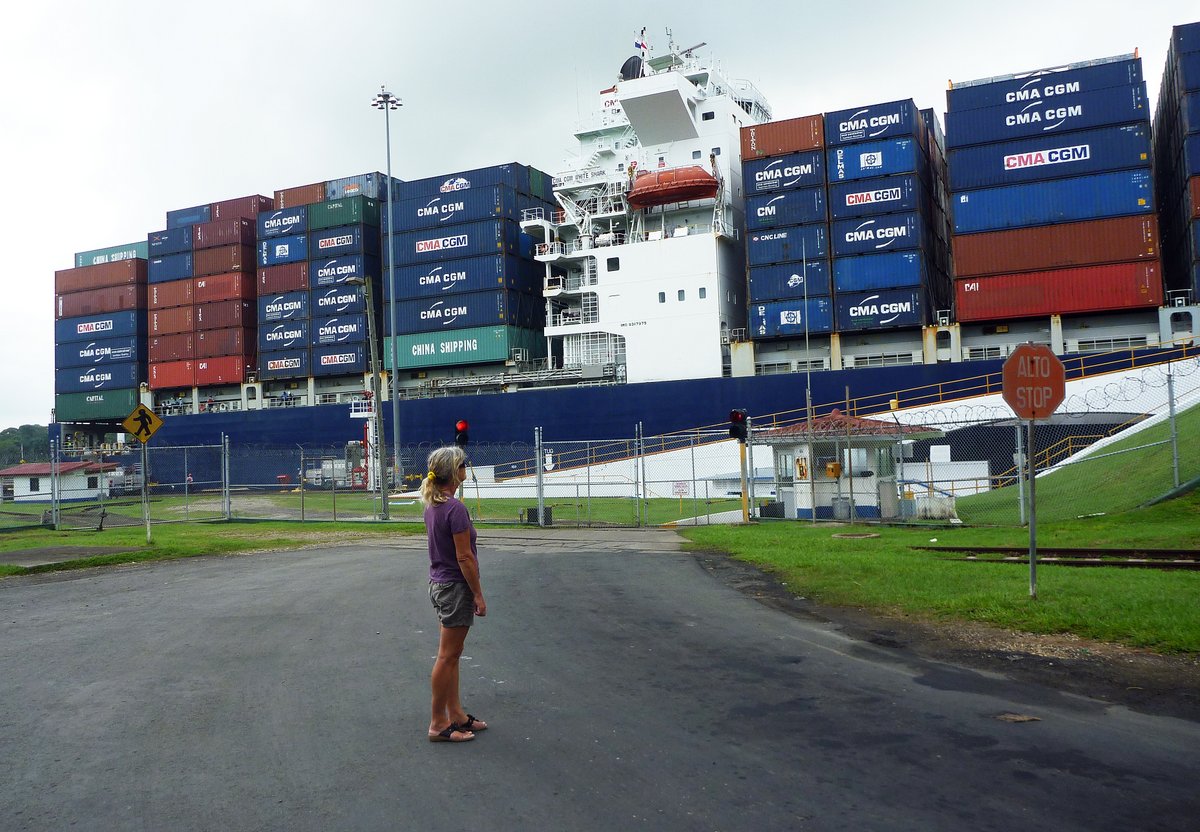 Glenys watches a Panamax ship go through the Gatun Locks, Panama Canal Glenys watches a Panamax ship go through the Gatun Locks, Panama Canal